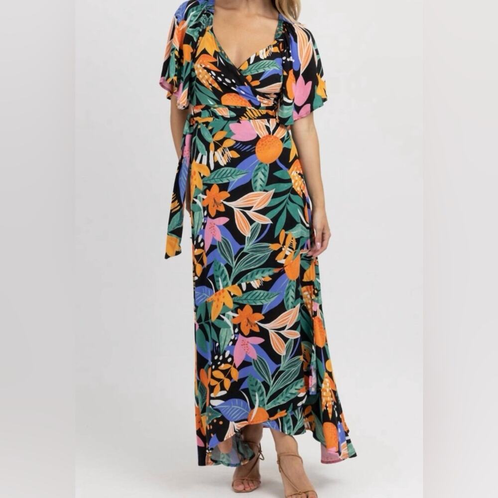 Vestique Tropical Floral Print Wrap Maxi Dress Size M